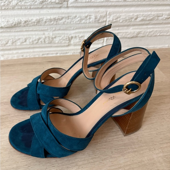 Gianvito Rossi Frida Suede block heeled Sandals ankle strap teal Italy size 38 - Picture 3 of 13